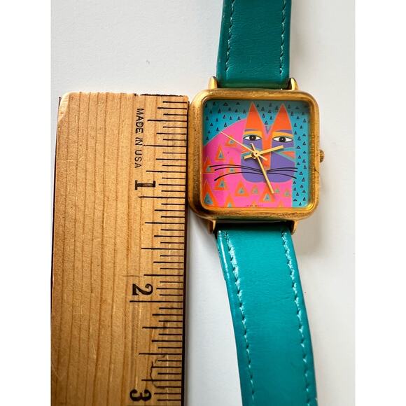 Rare Vintage Laurel Burch Wild Cat Watch Teal Strap Brushed Gold Case - Picture 6 of 8